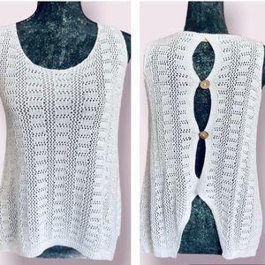 White Sleeveless Knit Top with Buttoned Back